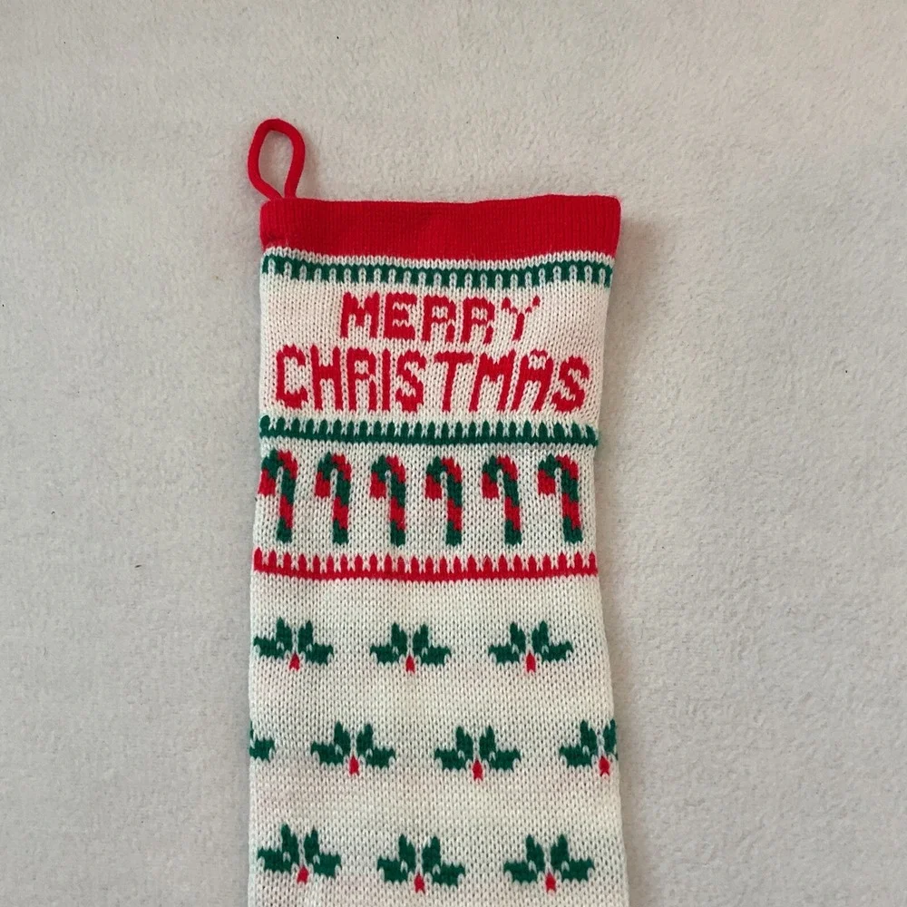 Christmas‎ Stocking Knitted Knit White Candy Canes Holly Leaves Merry Taiwan